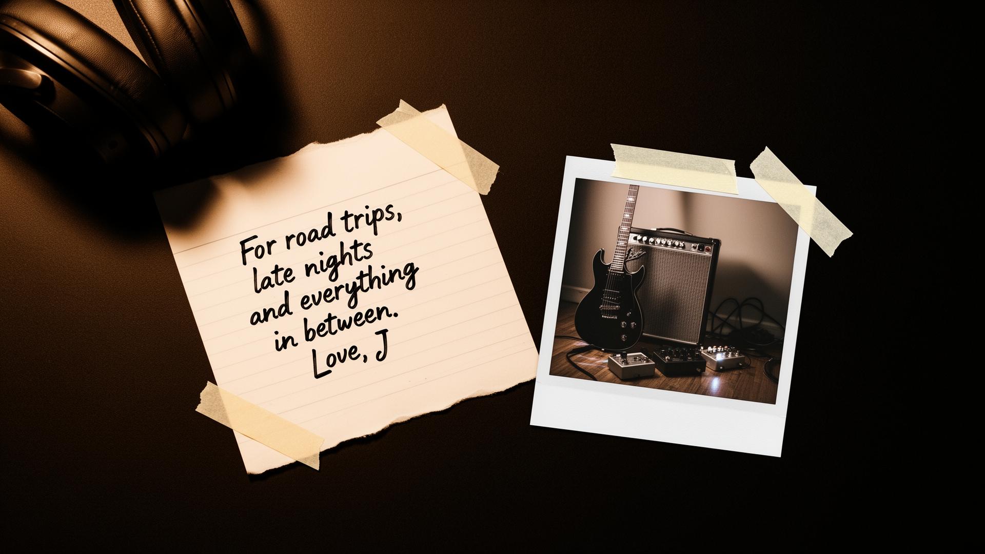 A handwritten note taped to a desk beside a polaroid of a guitar and amp.